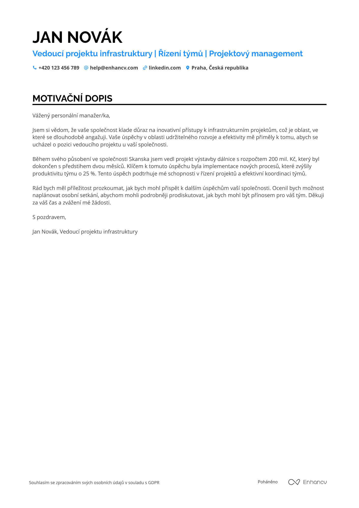 Motivační dopis pro Vedoucí projektu infrastruktury Resume Example