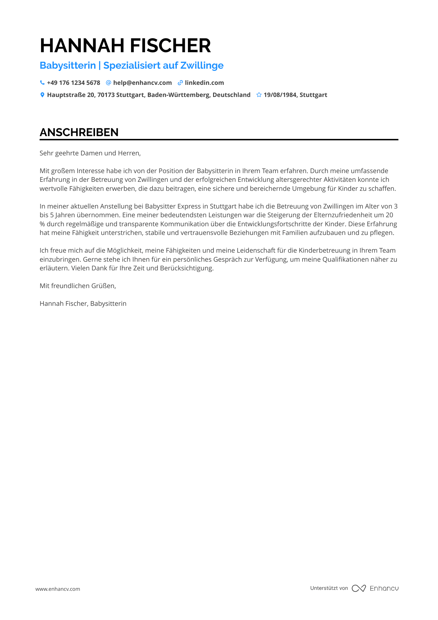 Babysitter für Zwillinge Resume Example