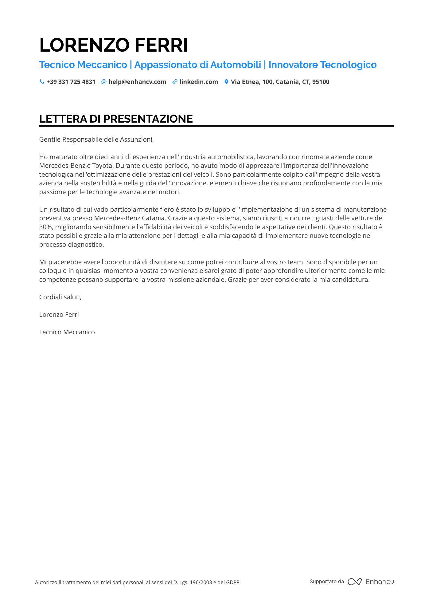 Meccanico di Automobili Resume Example