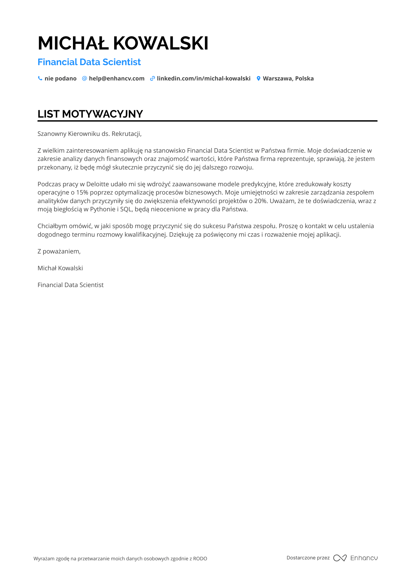 List motywacyjny dla Financial Data Scientist Resume Example