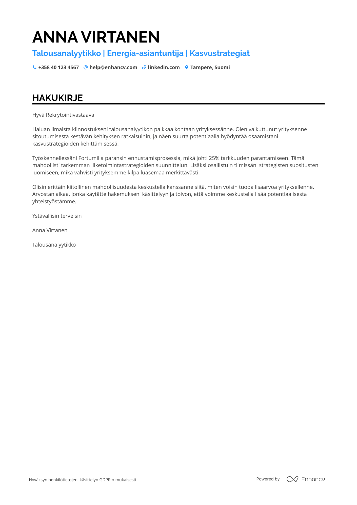 Hakukirje Energiasektorin Talousanalyytikko Resume Example