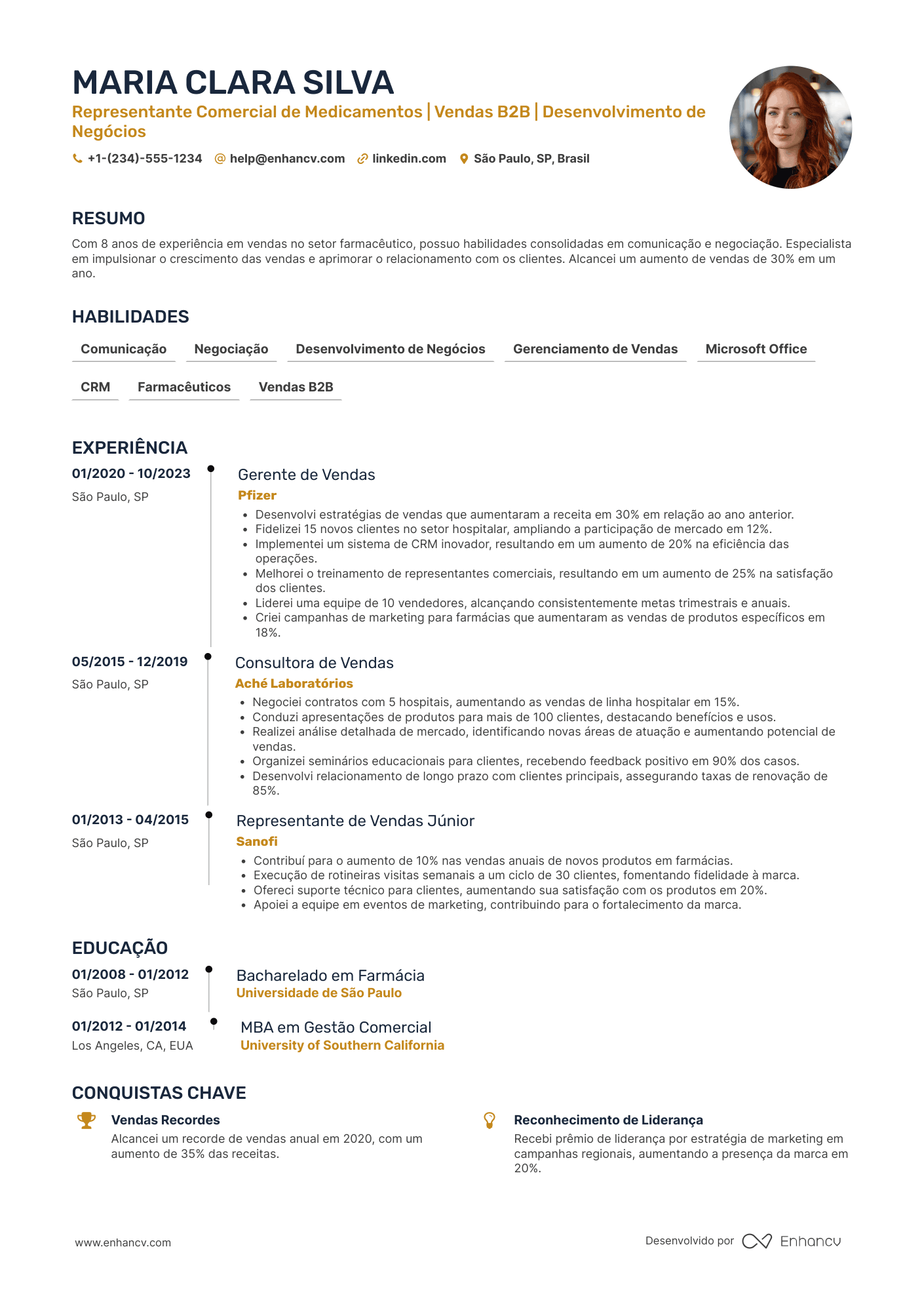 Representante comercial de medicamentos Resume Example