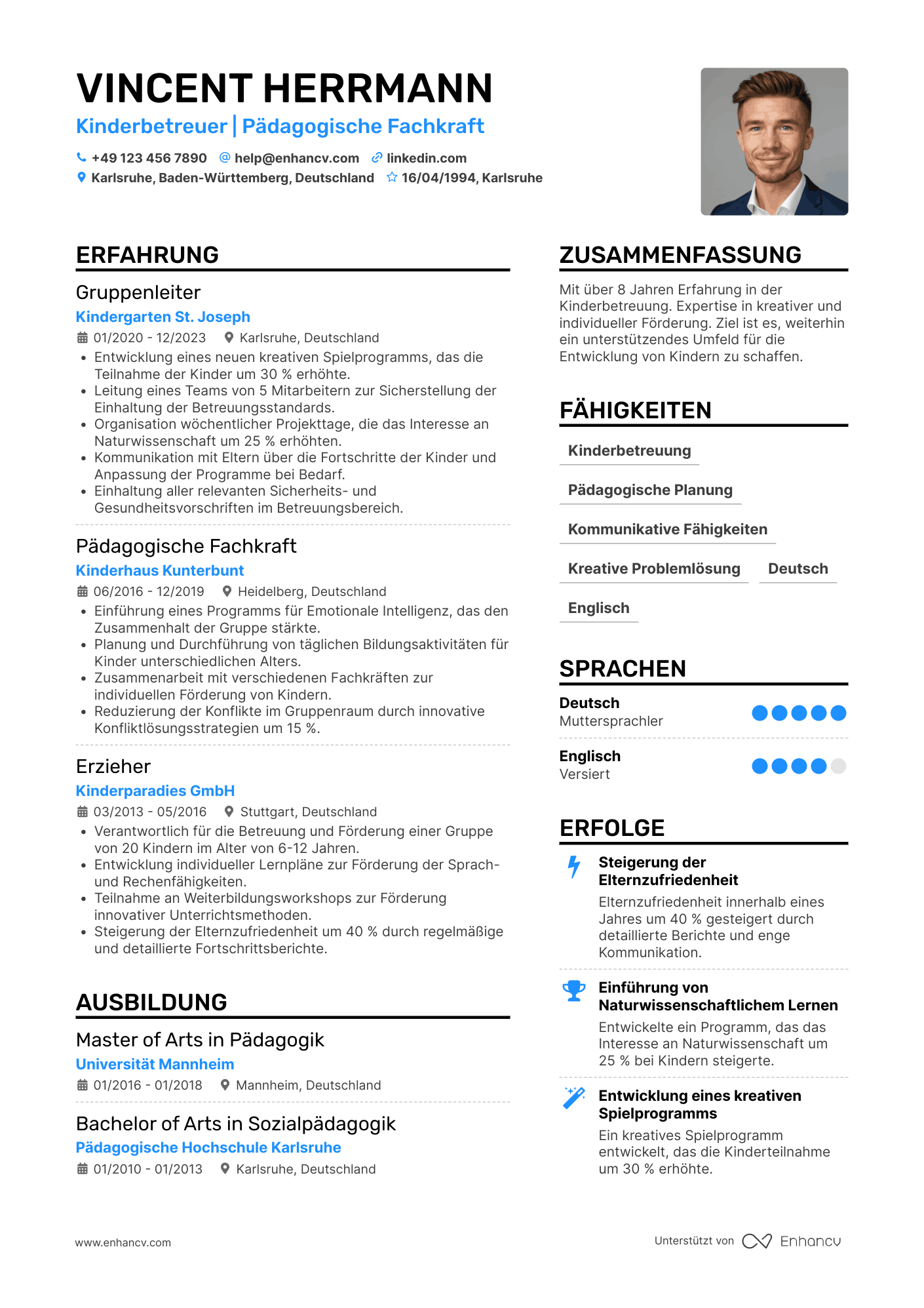 Lebenslauf als Kinderhort Erzieherin Resume Example
