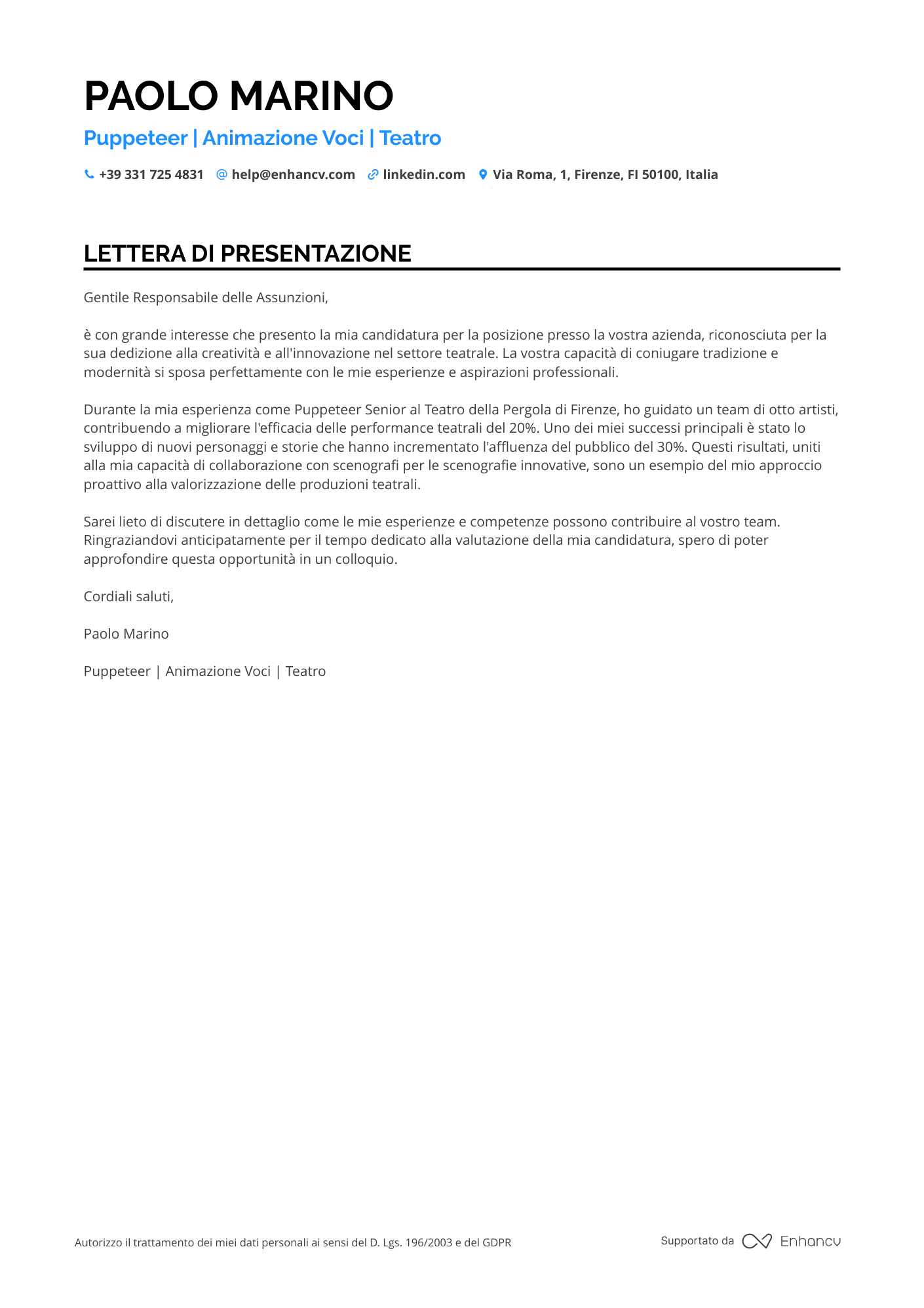 Attore di Doppiaggio Resume Example