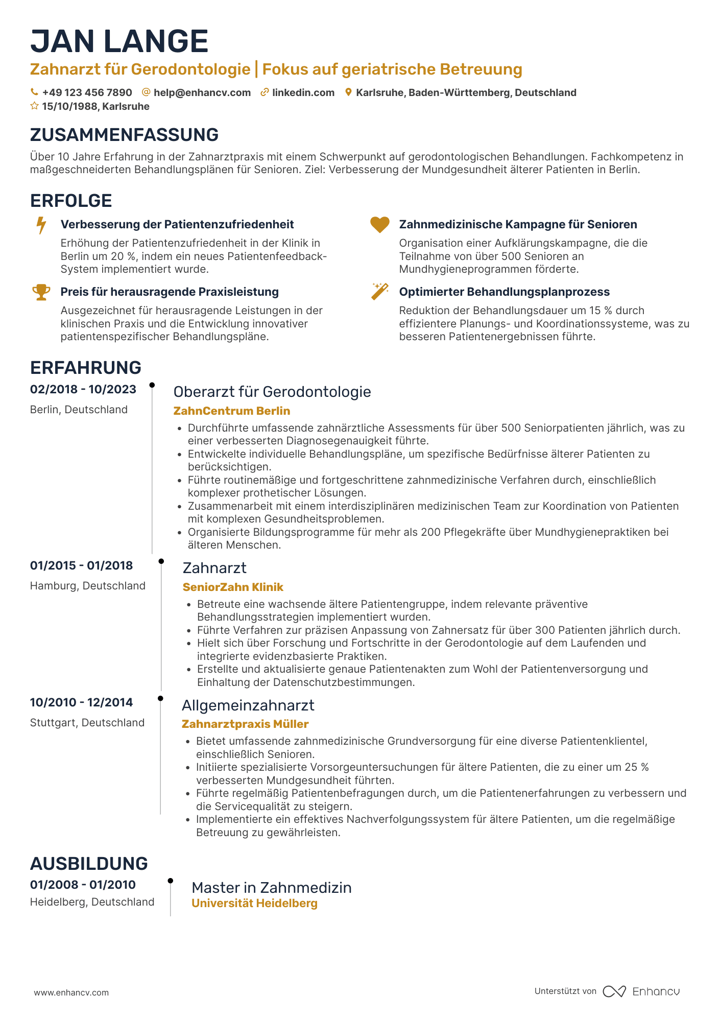 Lebenslauf als Zahnarzt für Gerodontologie Resume Example