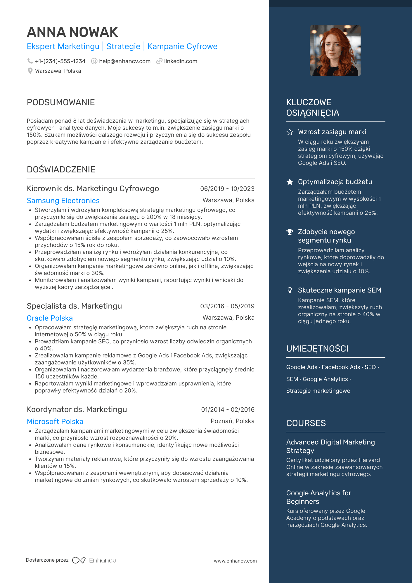 CV dla Kierownik ds. Marketingu Resume Example