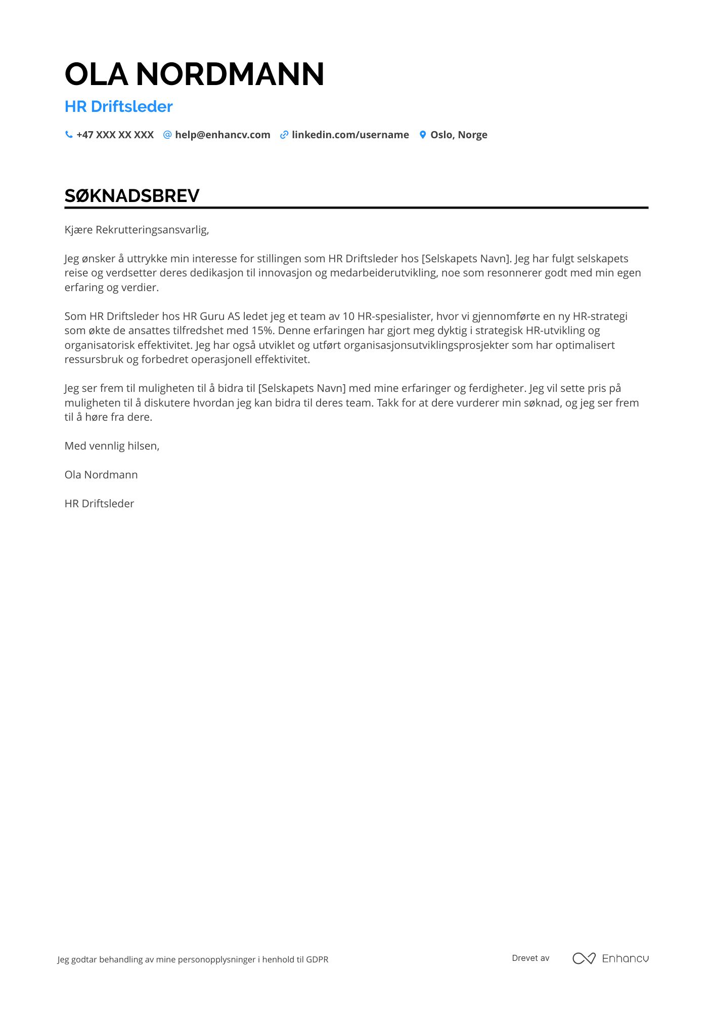 Søknadsbrev for HR Driftsleder Resume Example