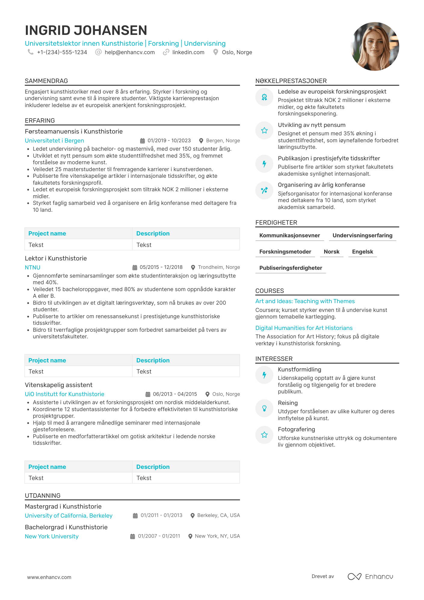 CV for Universitetslektor innen kunsthistorie Resume Example