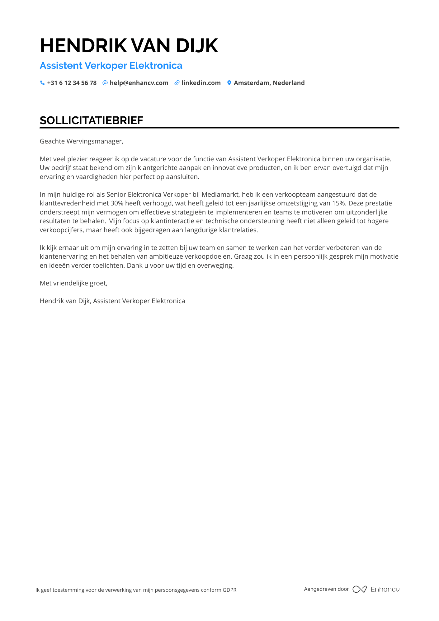 Sollicitatiebrief voor Assistent verkoper elektronica Resume Example