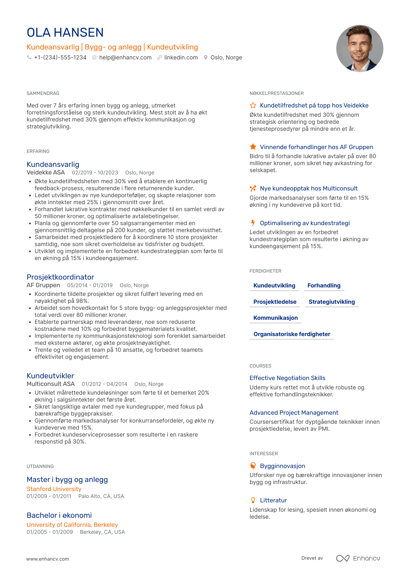 CV for Kundeansvarlig i Bygg  og Anlegg Resume Example