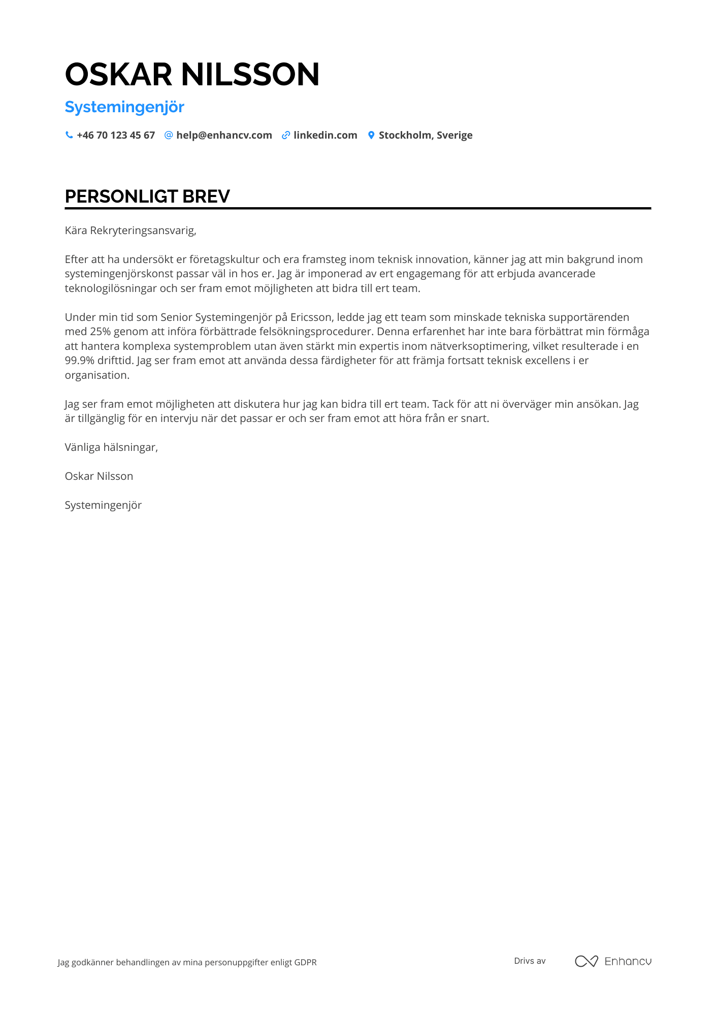 Personligt brev för Systemingenjör för teknisk support Resume Example