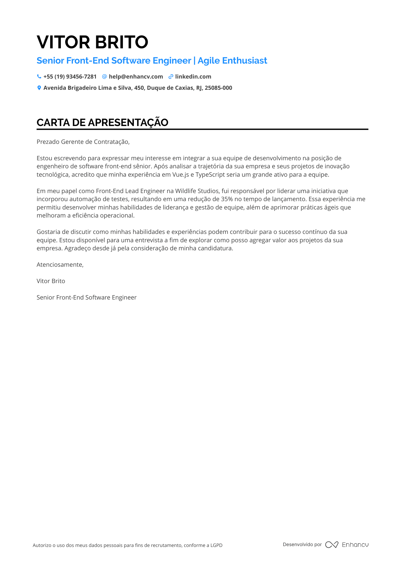 Engenheiro de Software de Front End Resume Example