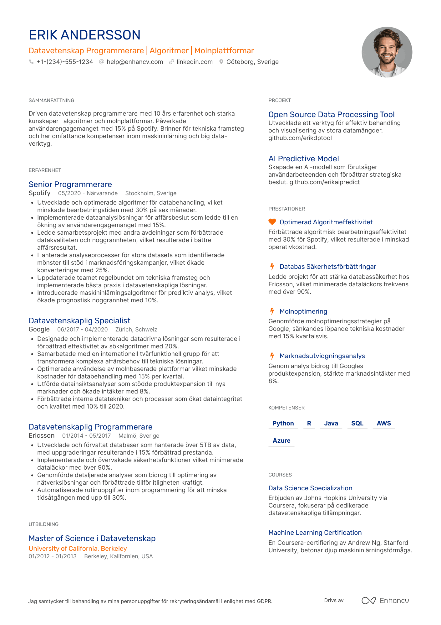 CV för Datavetenskap Programmerare Resume Example