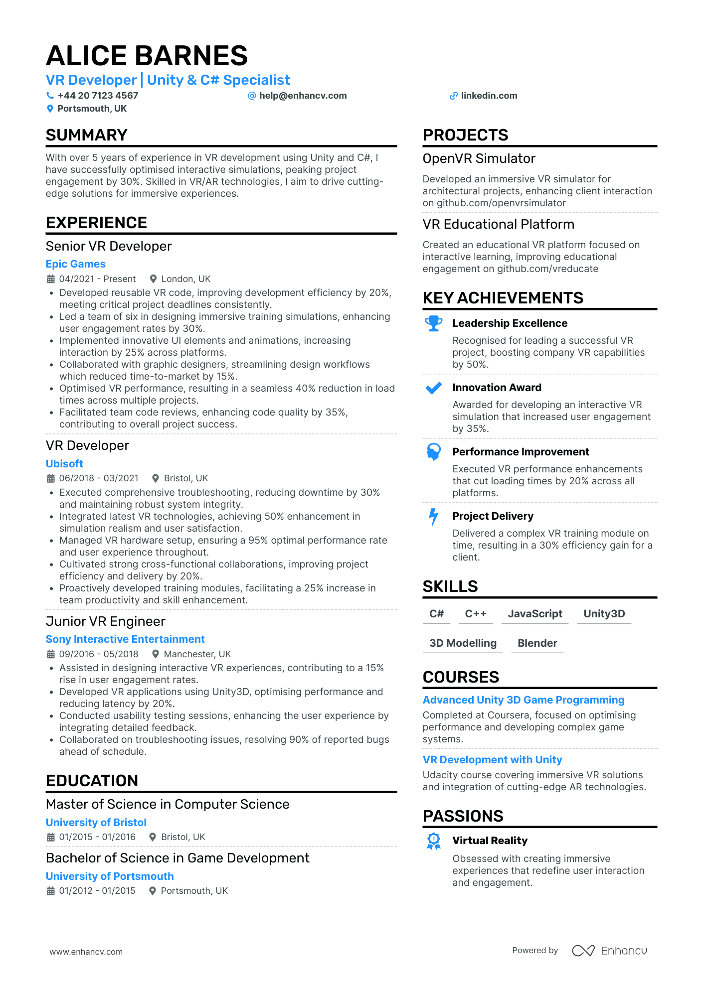 VR Game Developer Resume Example