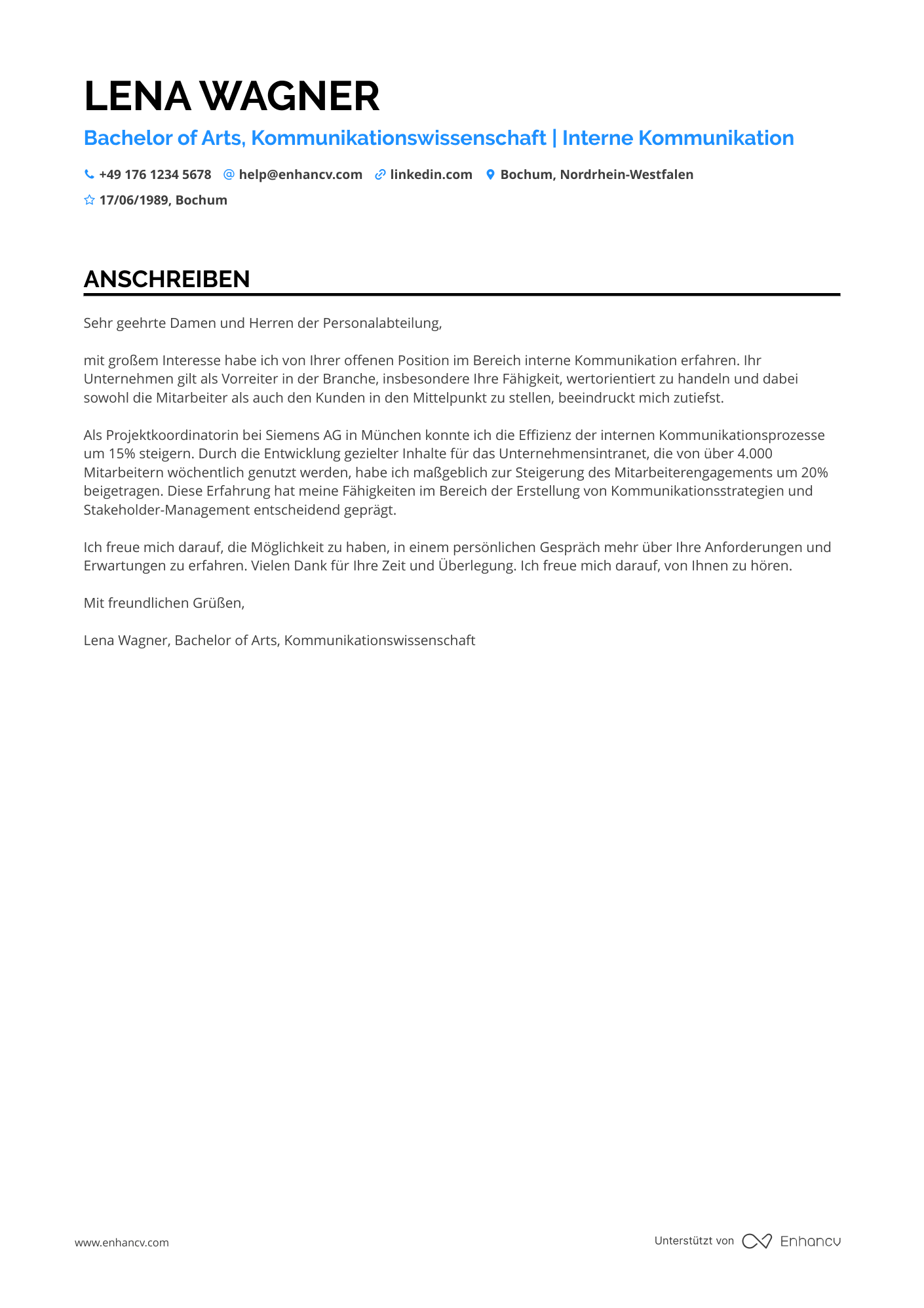 Projektmanager für interne Kommunikation Resume Example