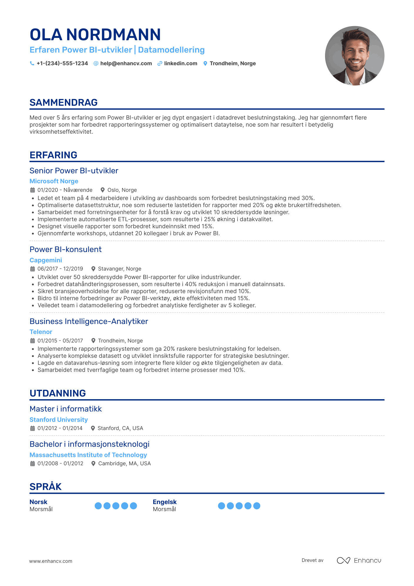 CV for Power BI‑utvikler i teknologibransjen Resume Example