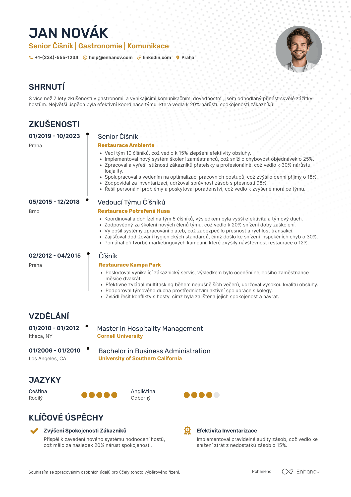 Životopis pro Senior číšník Resume Example