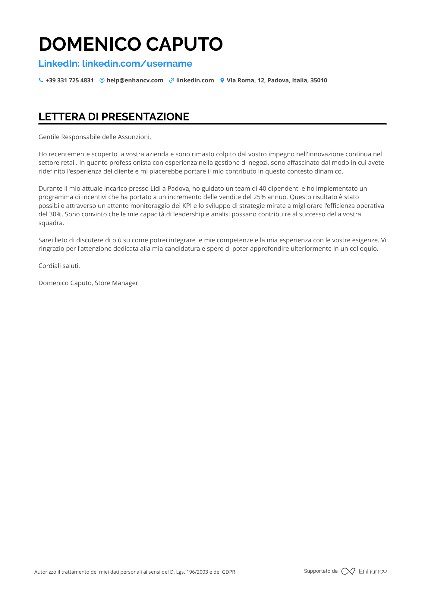 Responsabile di Reparto Lidl Resume Example