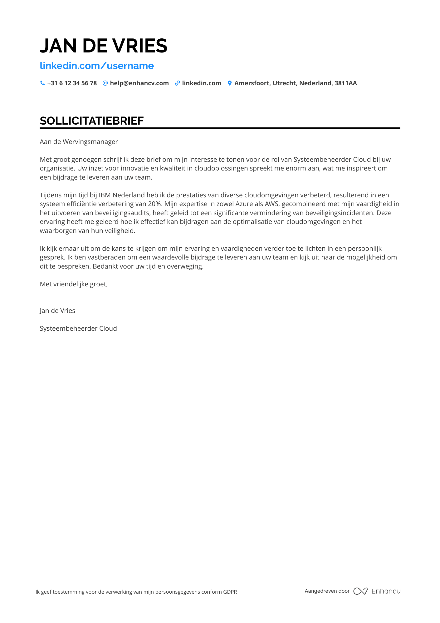 Sollicitatiebrief voor Systeembeheerder Cloud Resume Example