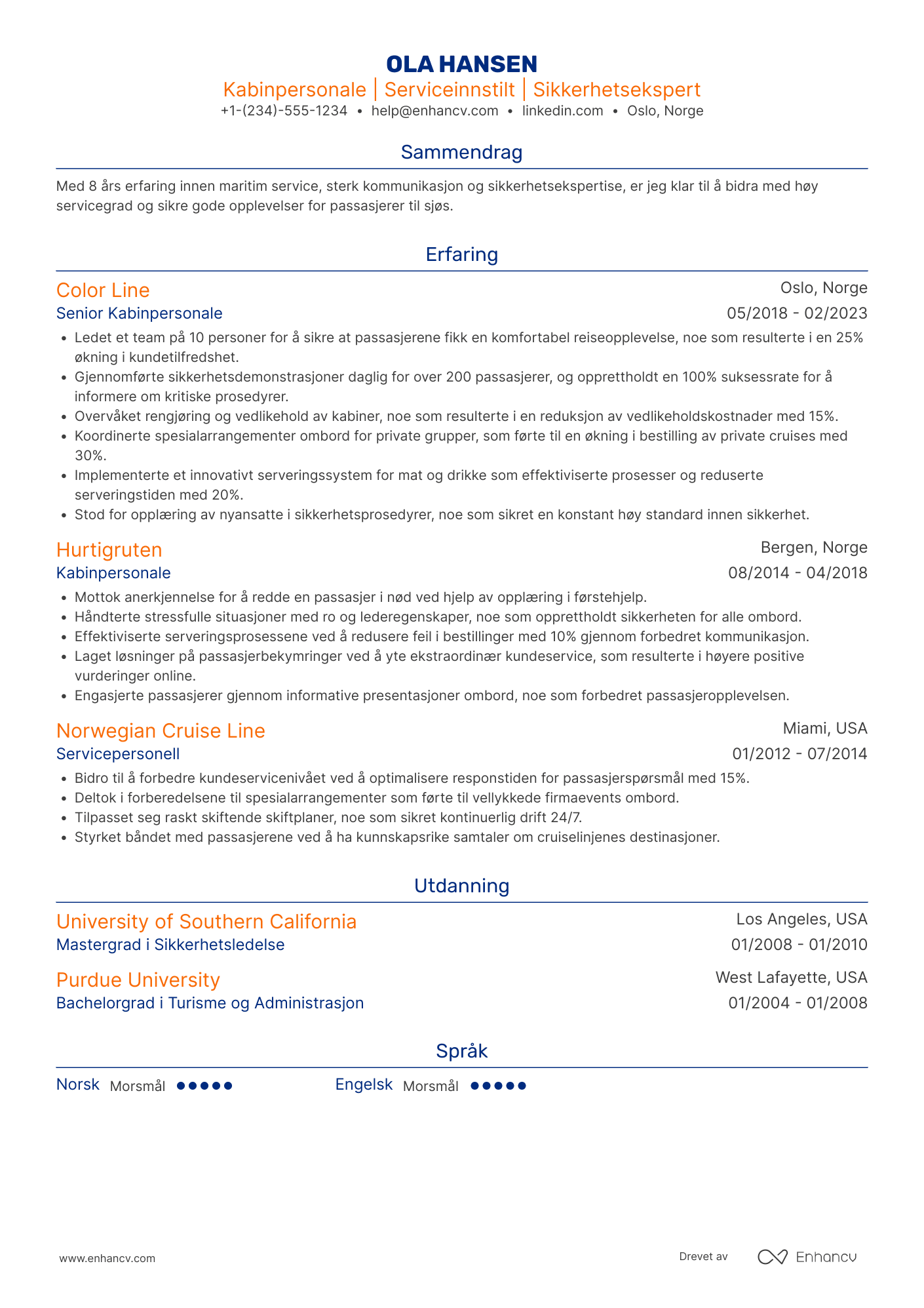 CV for Maritime Kabinpersonale Resume Example