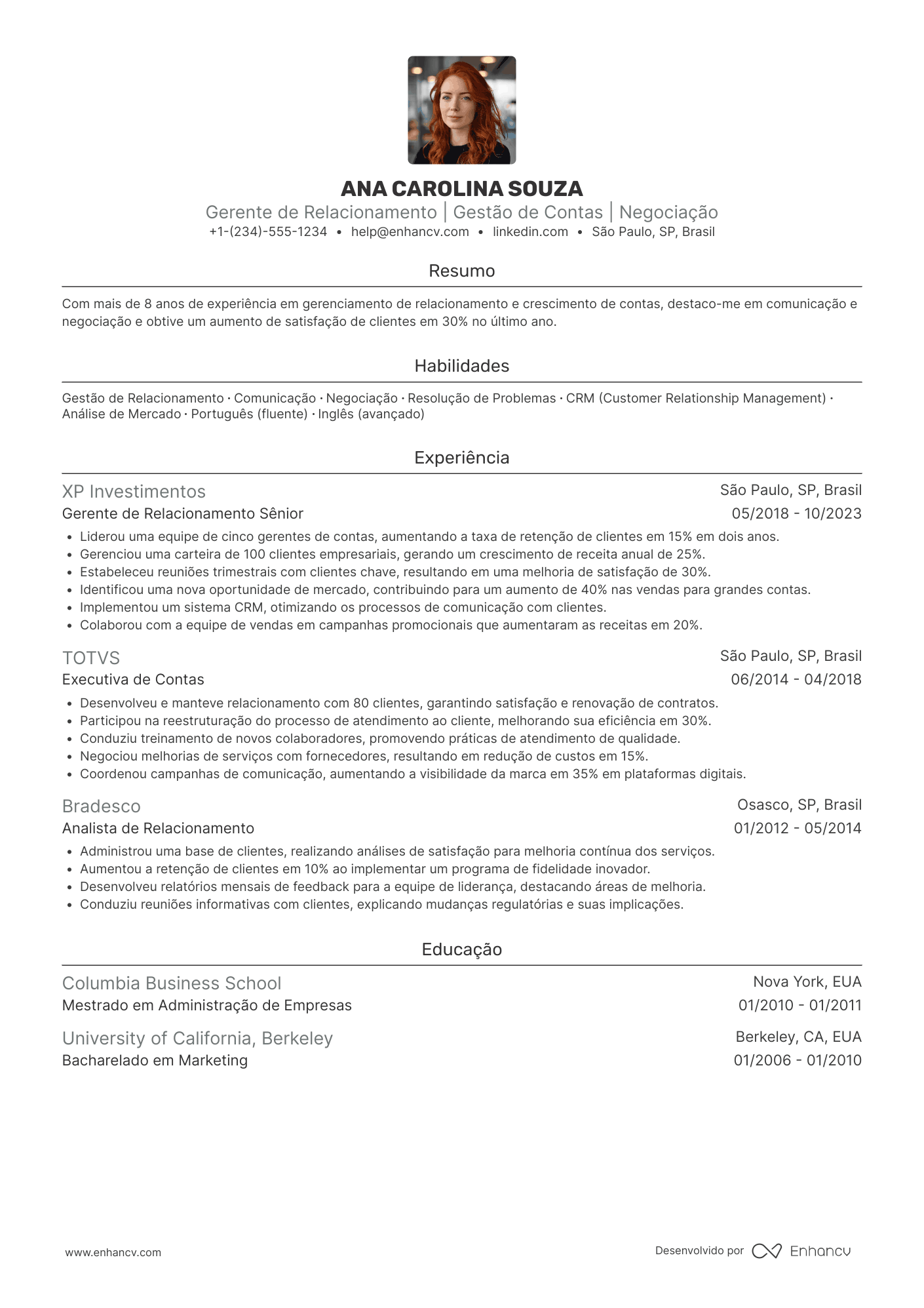 Gerente de relacionamento Resume Example