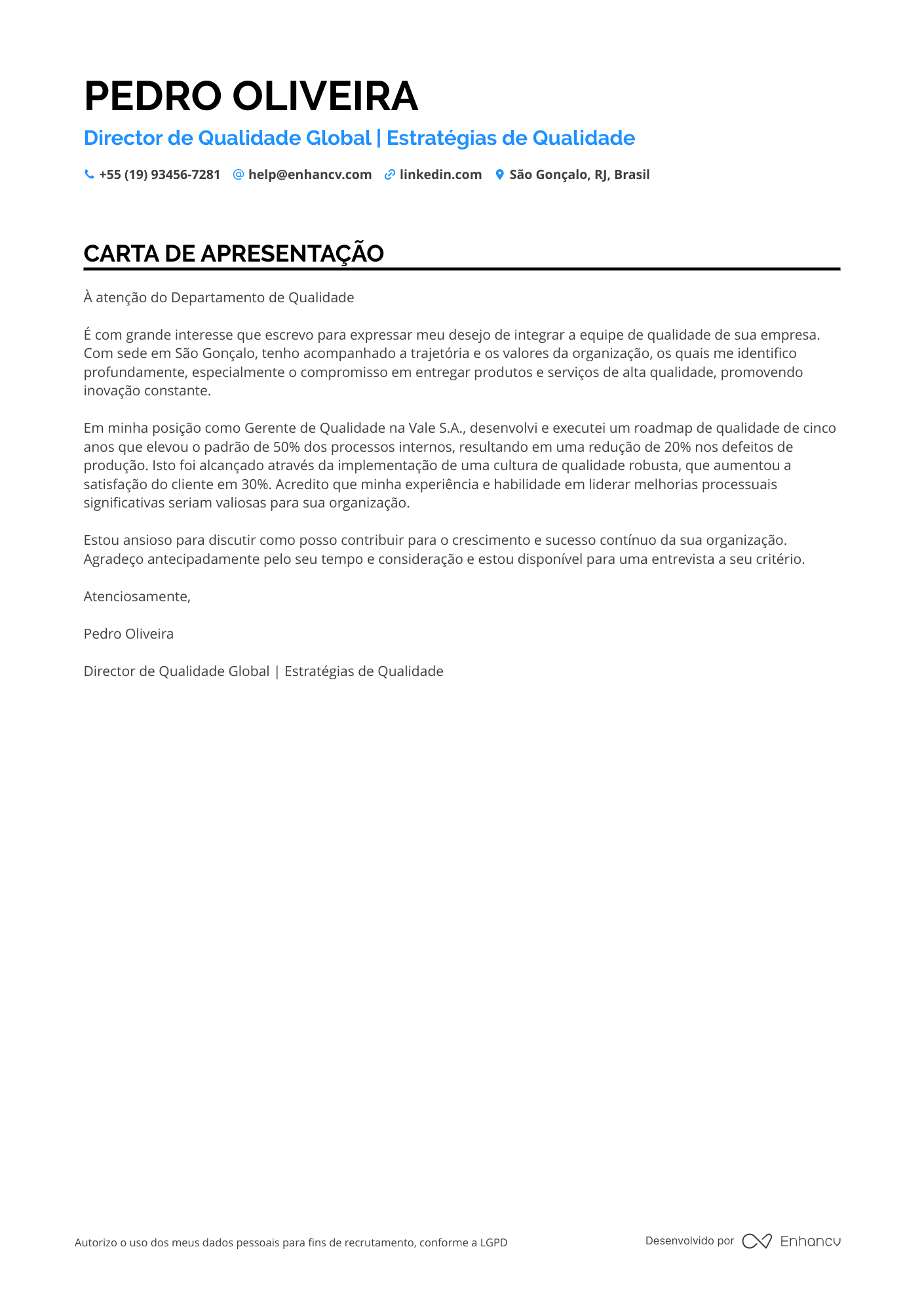 Diretor de Qualidade Resume Example