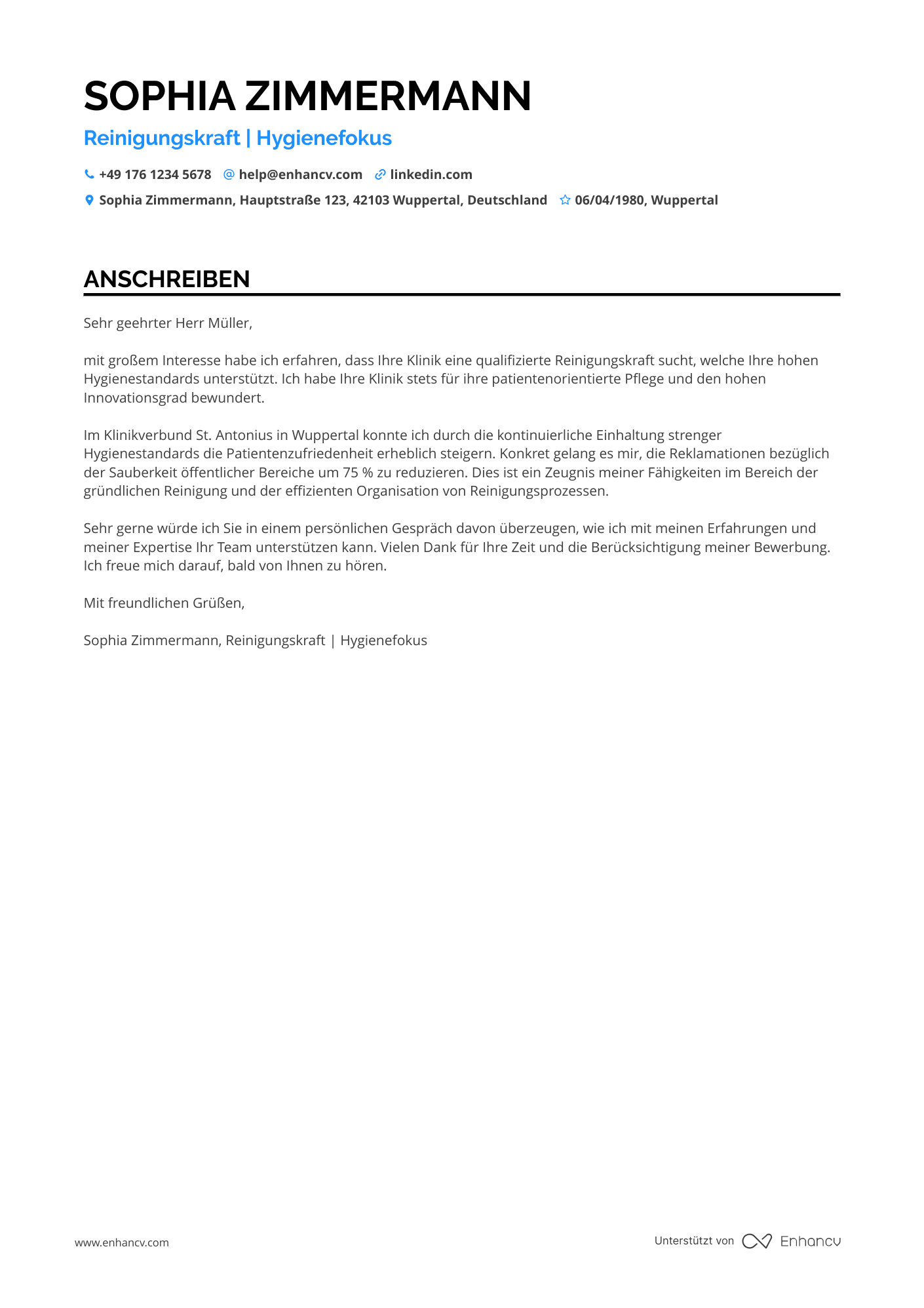 Reinigungskraft für Krankenhäuser Resume Example