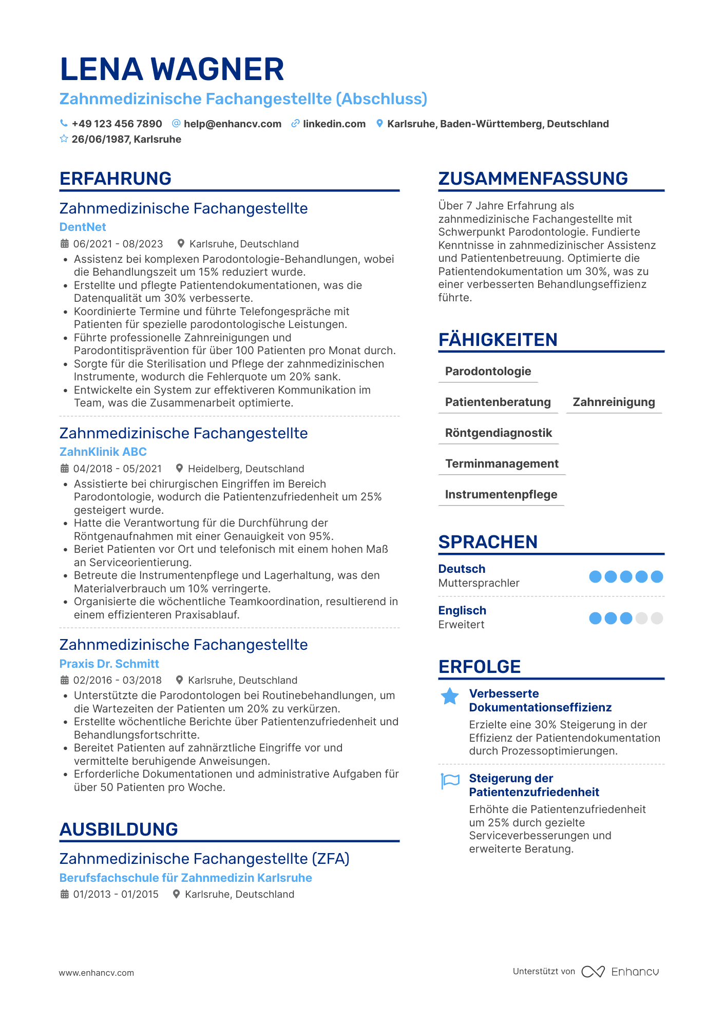 Lebenslauf als Zahnarzthelferin für Parodontologie Resume Example