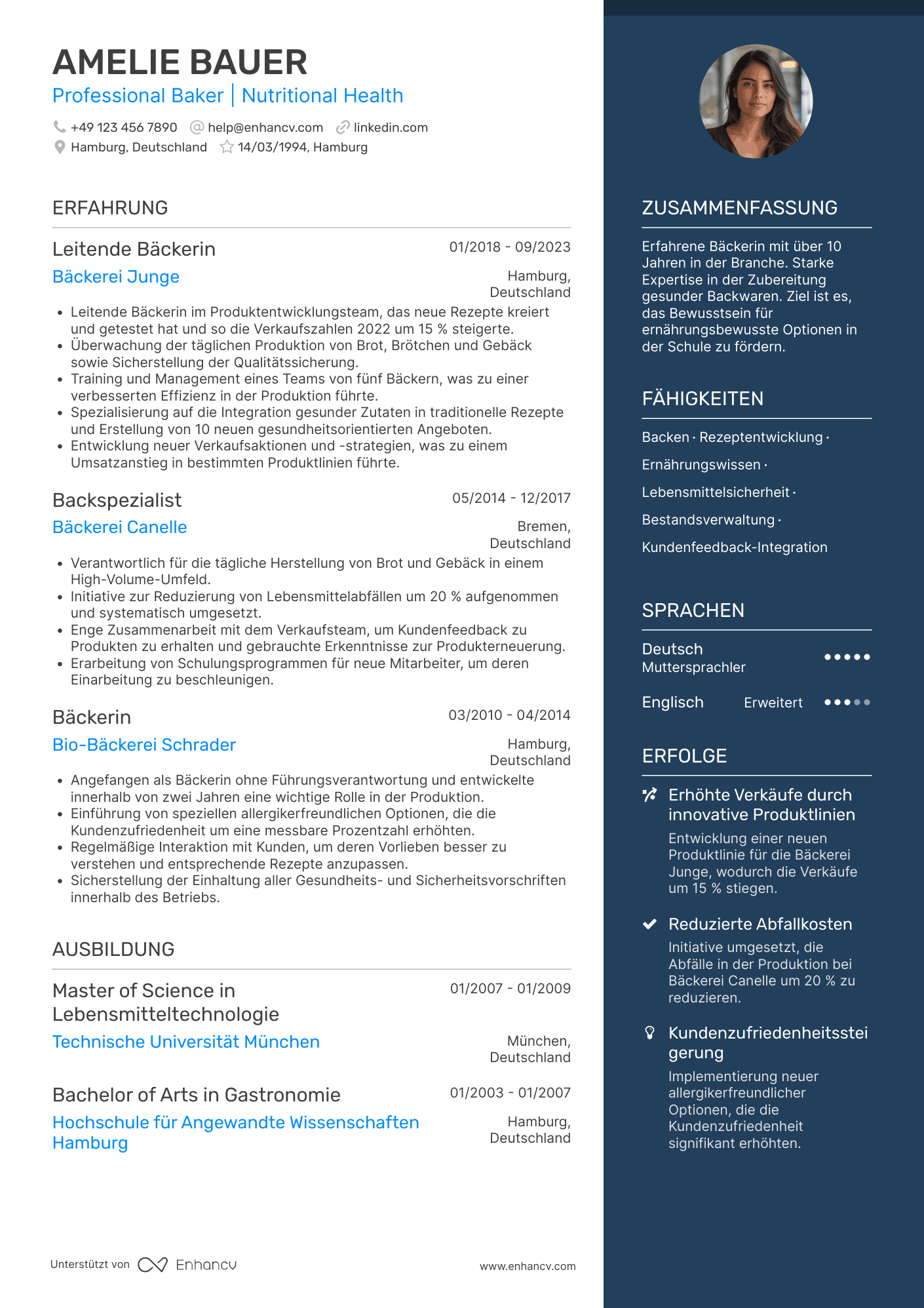 Lebenslauf in Schulbäcker Resume Example