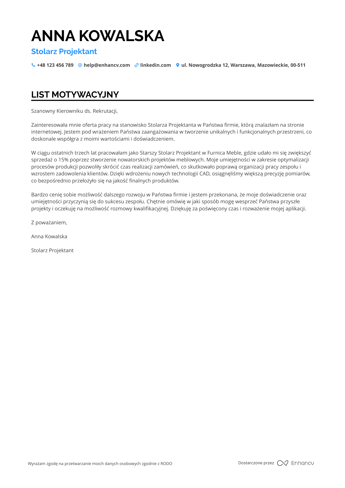 List motywacyjny dla Stolarz Projektant Resume Example