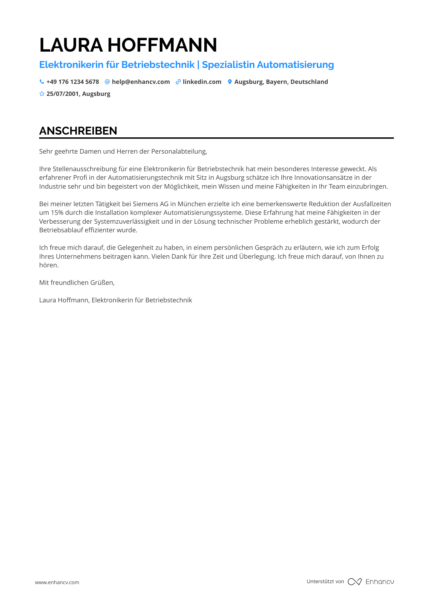 Elektroniker für Betriebstechnik Resume Example