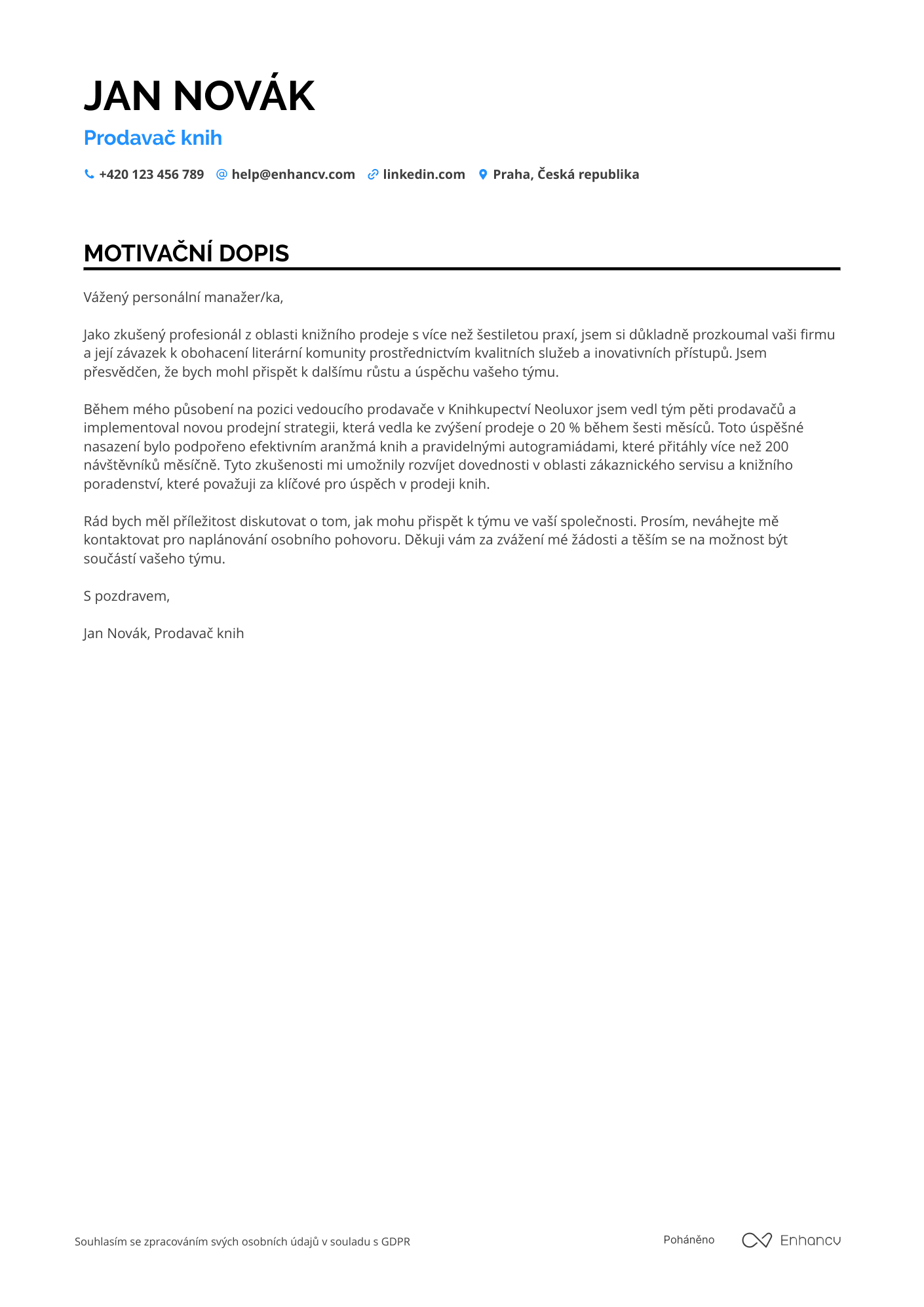Motivační dopis pro Prodavač v knihkupectví Resume Example