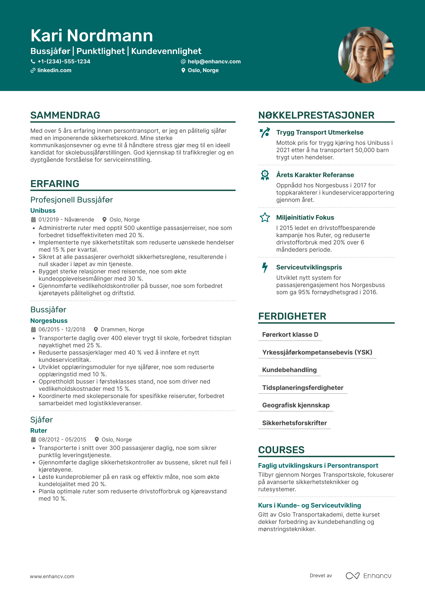 CV for Bussjåfør på skolebuss Resume Example