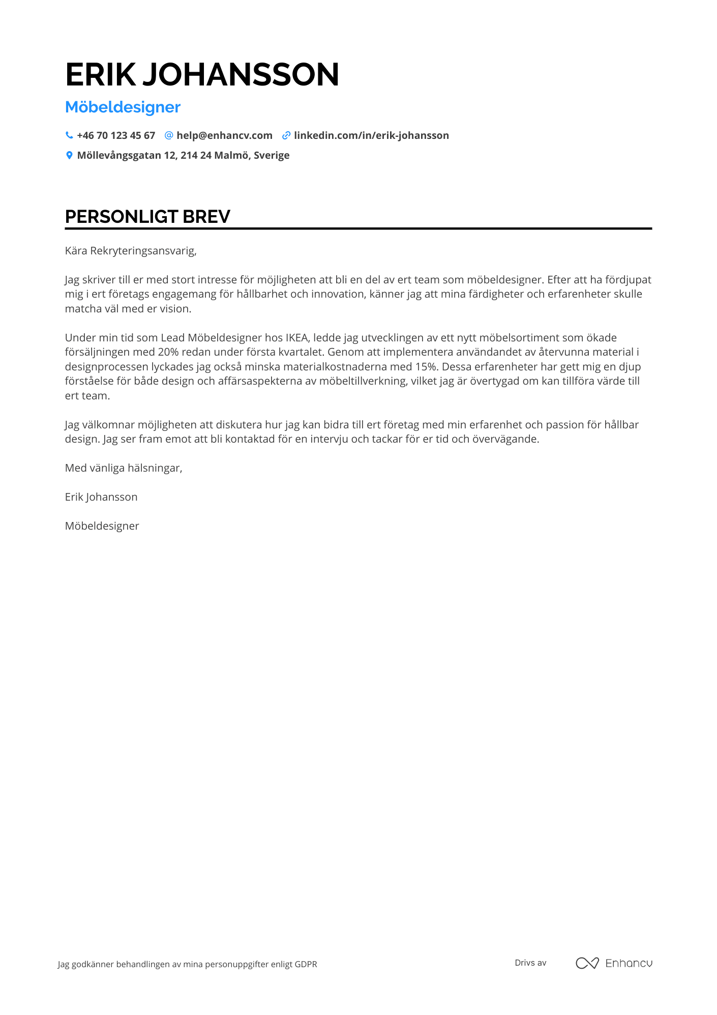 Personligt brev för IKEA Medarbetare Möbeldesigner Resume Example