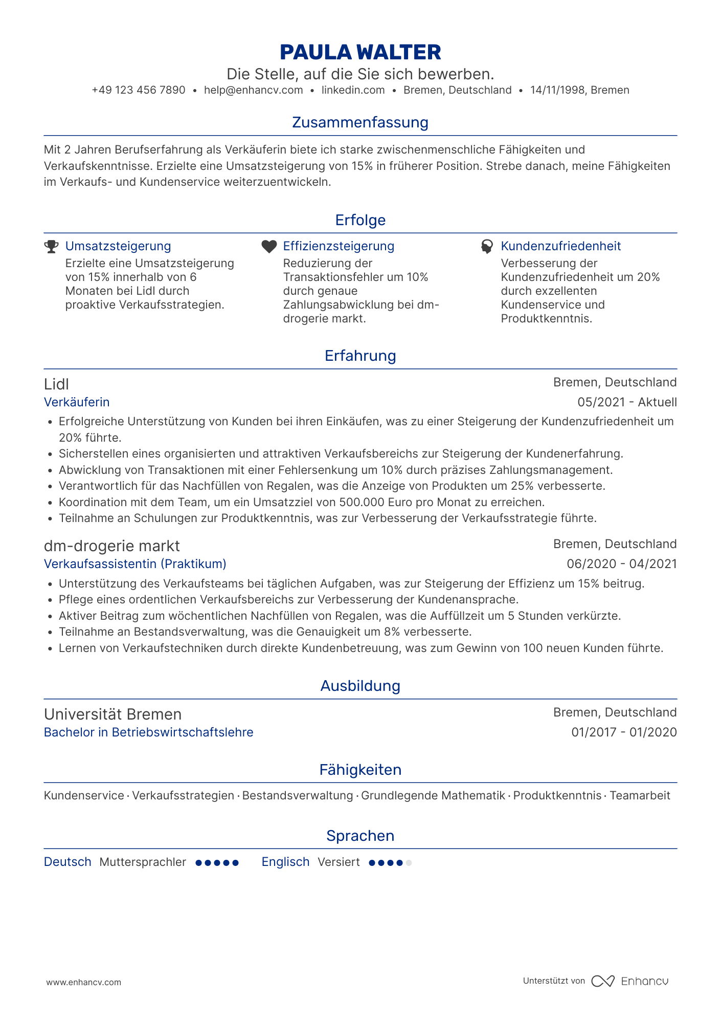 Lebenslauf als Junior Verkäuferin Resume Example