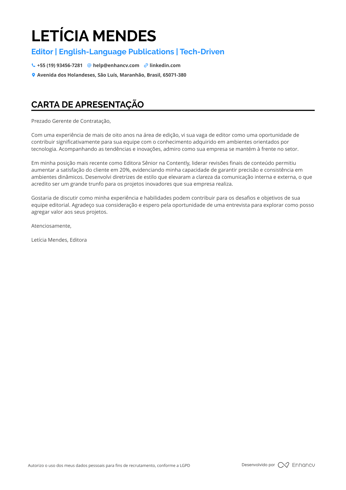 Editor de Conteúdo Digital Resume Example