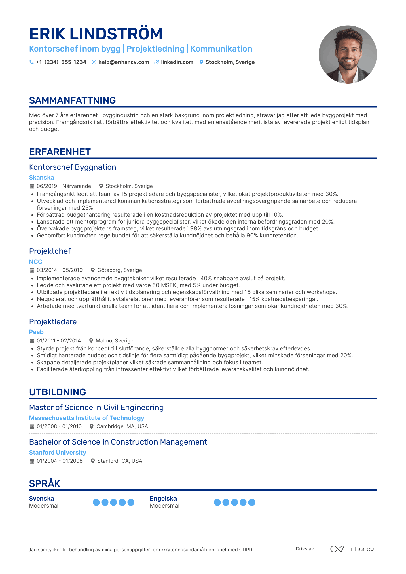 CV för Kontorschef Byggnation Resume Example