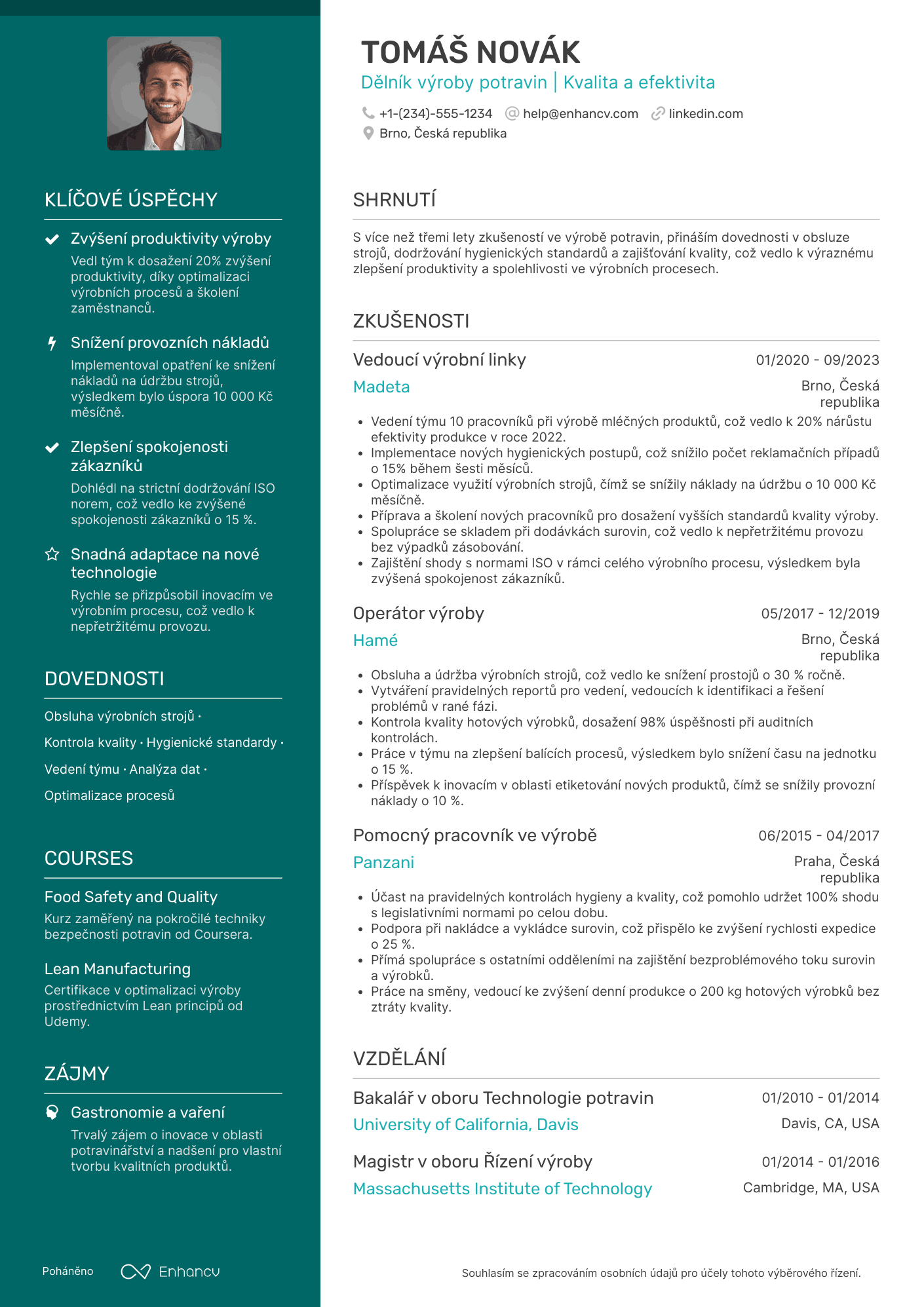 Životopis pro Dělník výroby potravin Resume Example