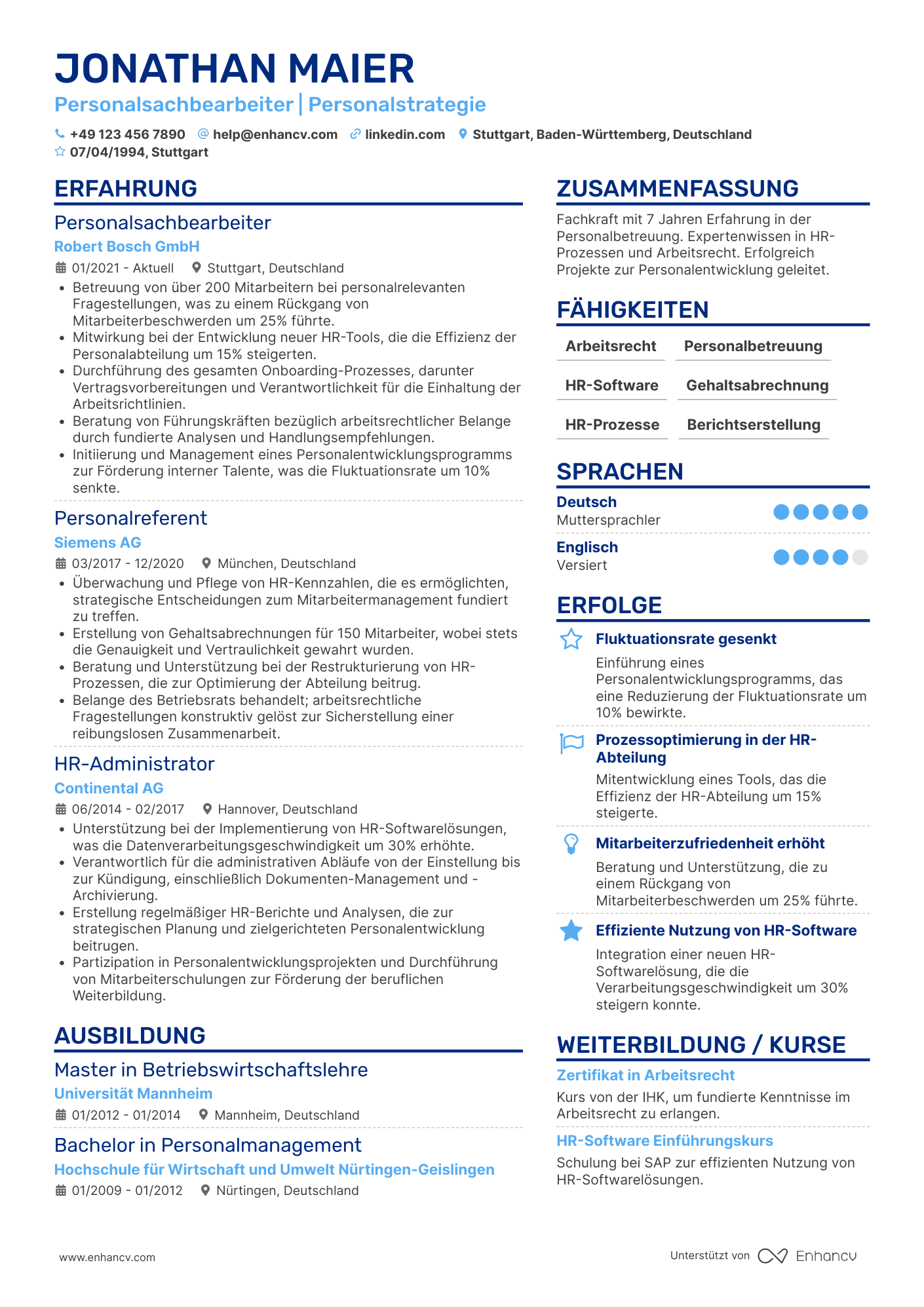 Lebenslauf als Personaler für Personalbetreuung Resume Example