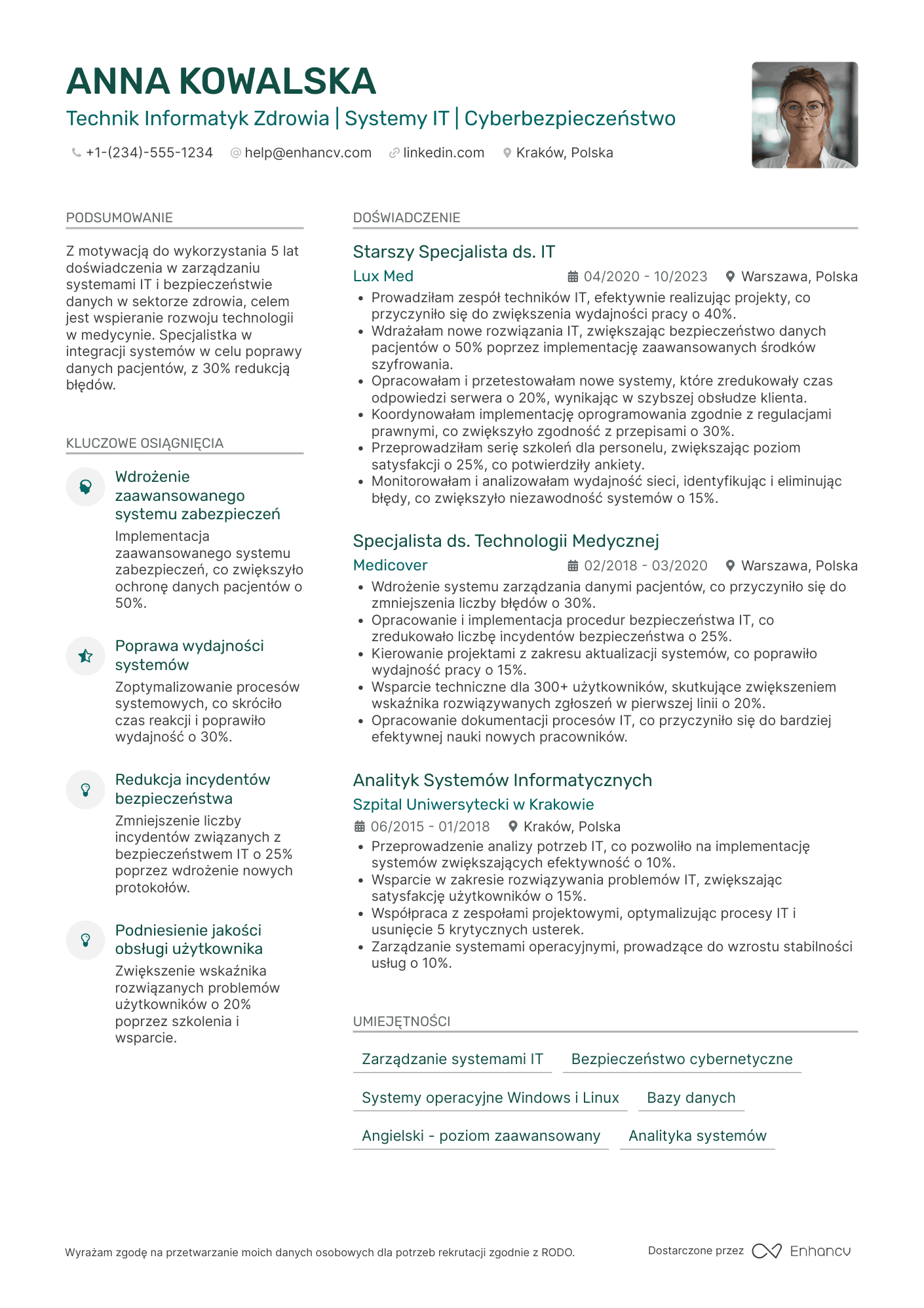 CV dla Technik Informatyk Zdrowia Resume Example