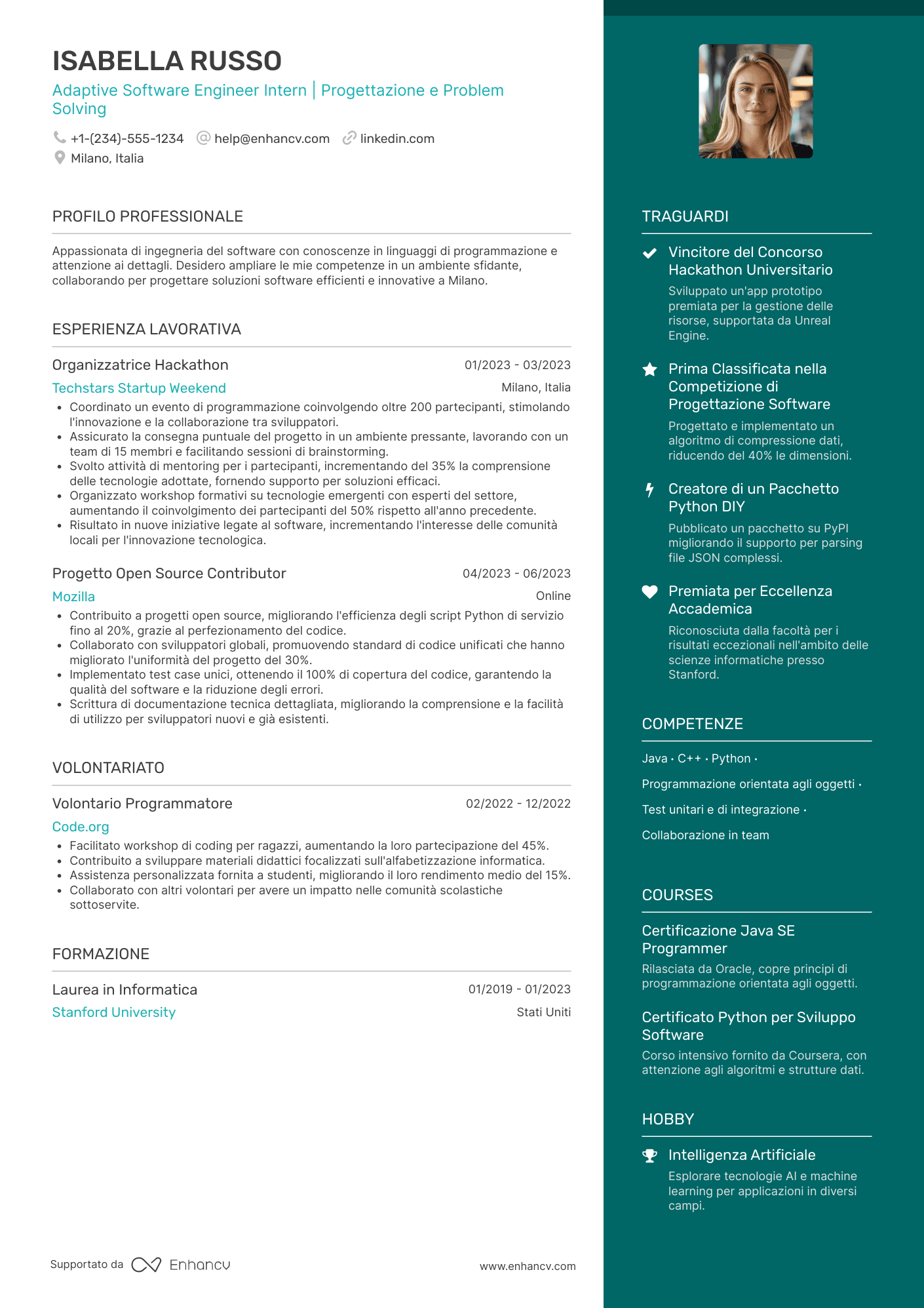 Esempio di CV software engineer internship Resume Example