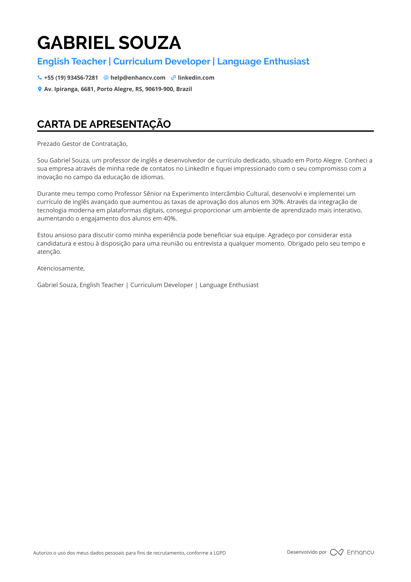 Professor Infantil de Inglês Resume Example