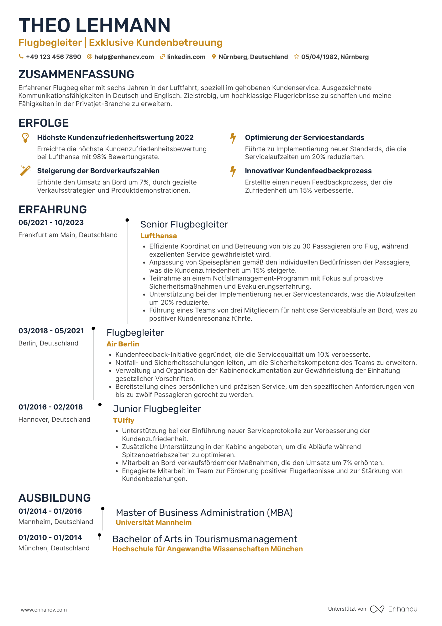Lebenslauf in Flugbegleiter in der Privatjet Branche Resume Example