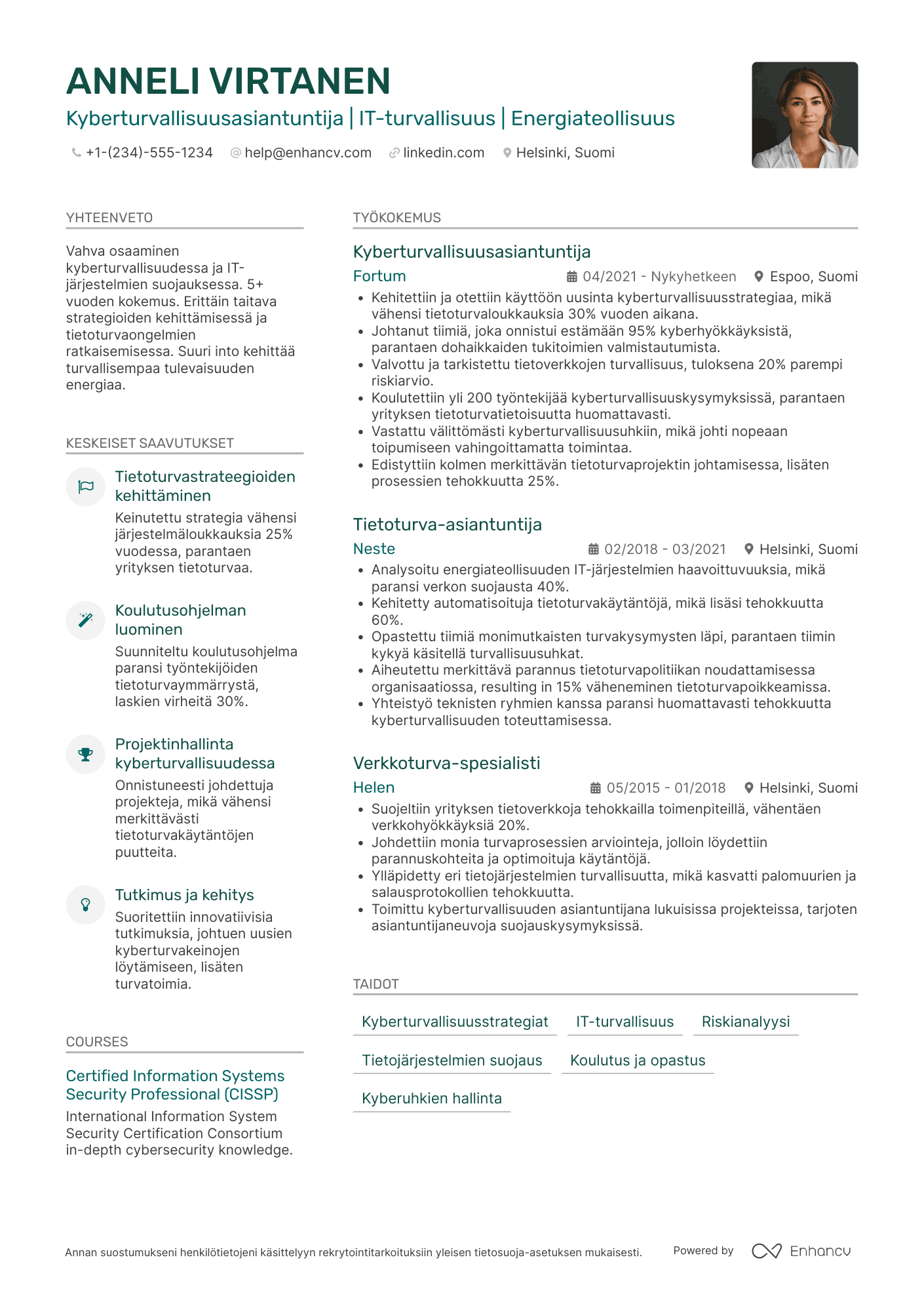 Ansioluettelo Energia alan kyberturvallisuusasiantuntija Resume Example