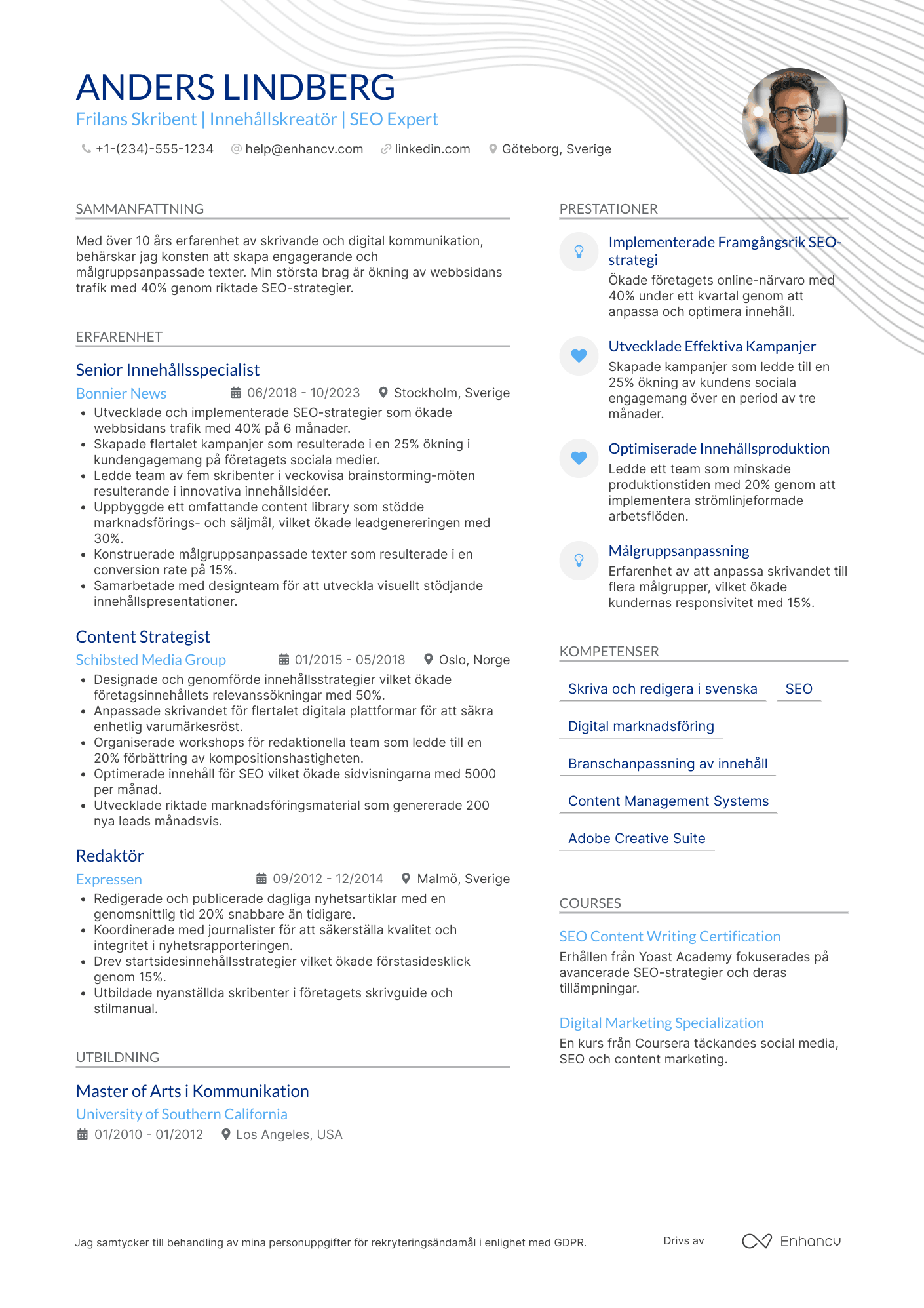 CV för Frilans Skribent Resume Example