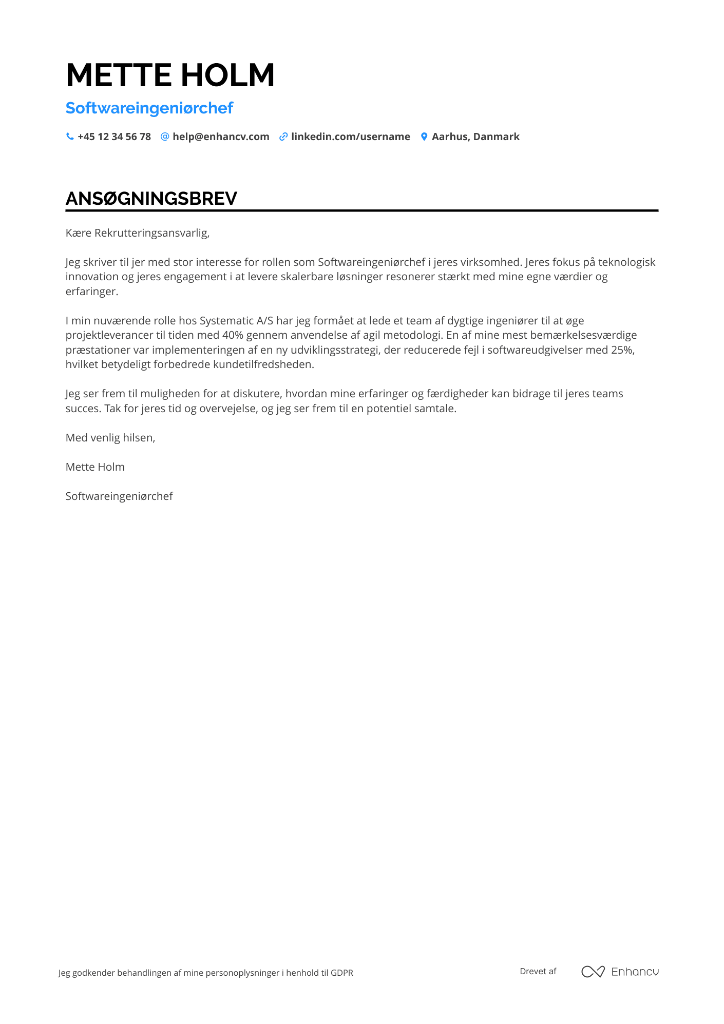 Ansøgningsbrev til Softwareingeniørchef Resume Example