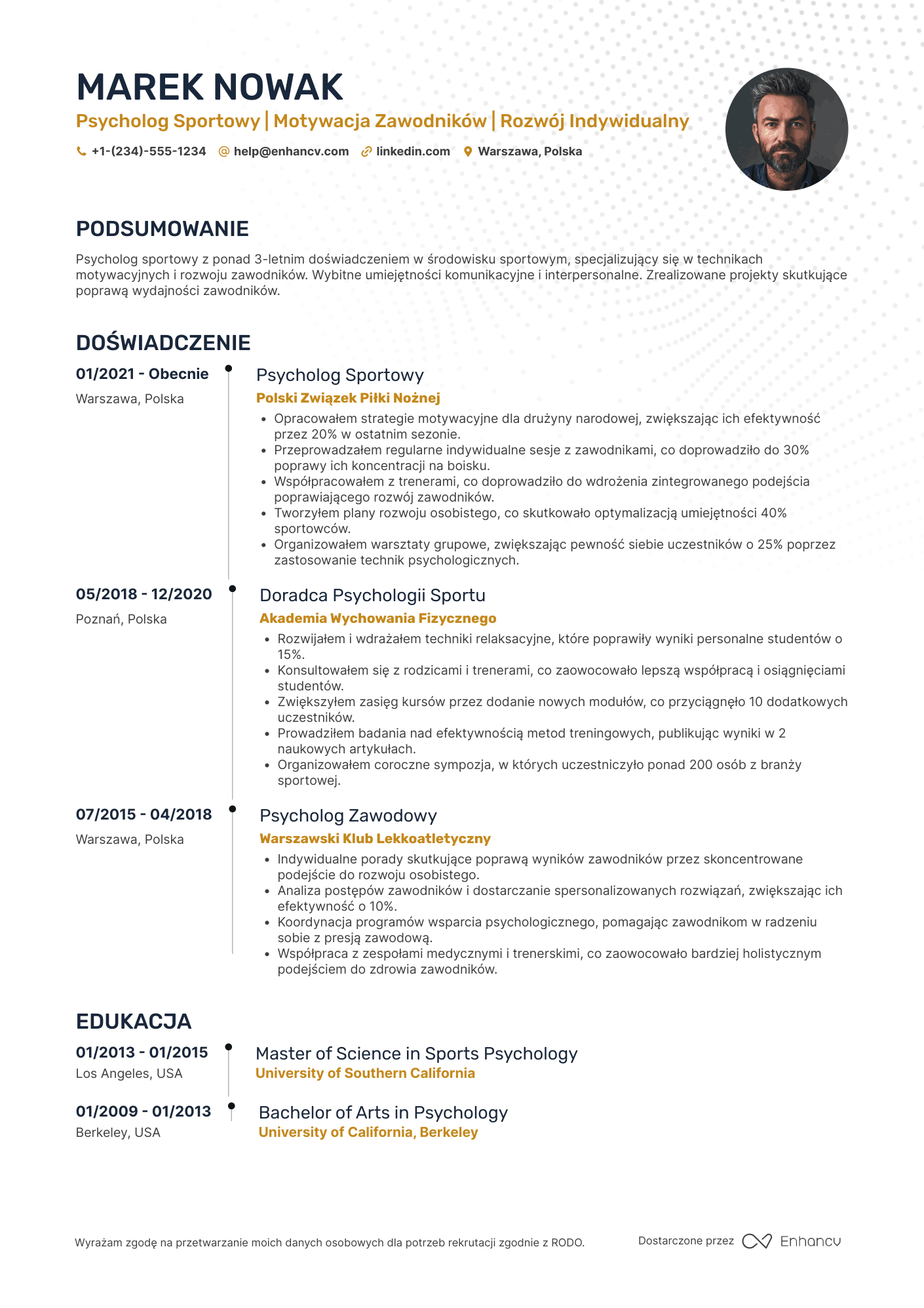 CV dla Psycholog sportowy Resume Example
