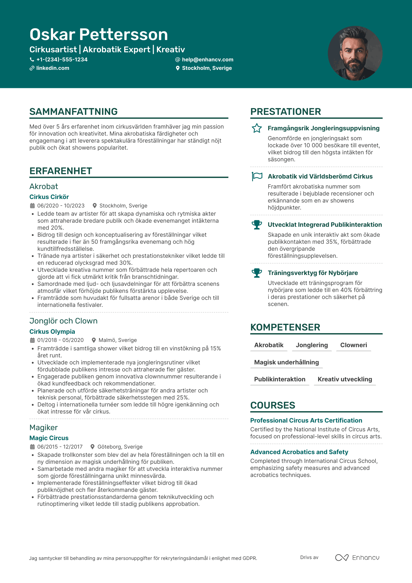 CV för Cirkus skådespelare Resume Example