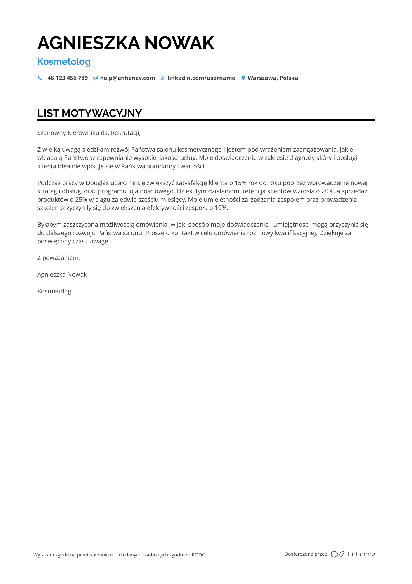 List motywacyjny dla Kosmetolog Stażysta Resume Example