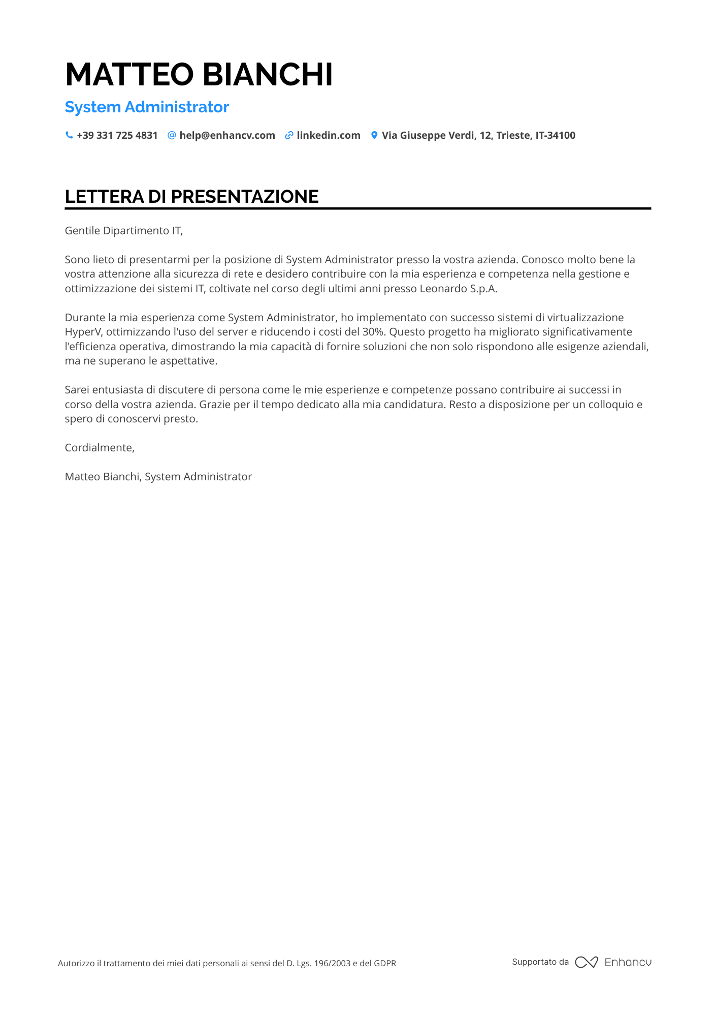 Amministratore di Sistema Informatico Resume Example